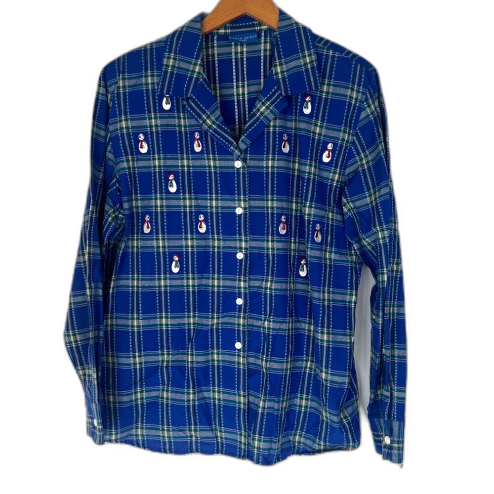 Karen Scott Sport Blue Plaid Snowman Motif Cotton Button Front Shirt Size Large